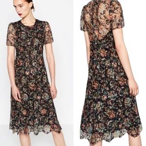 Zara Black and Pink Floral Midi Dress